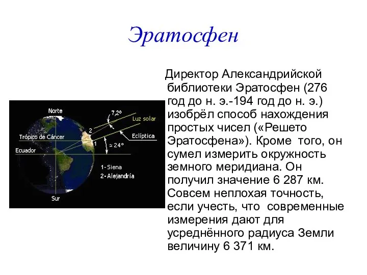 Эратосфен Директор Александрийской библиотеки Эратосфен (276 год до н. э.-194 год