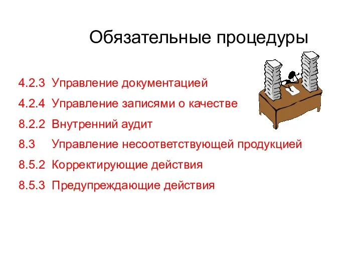 Обязательные процедуры 4.2.3 Управление документацией 4.2.4 Управление записями о качестве 8.2.2