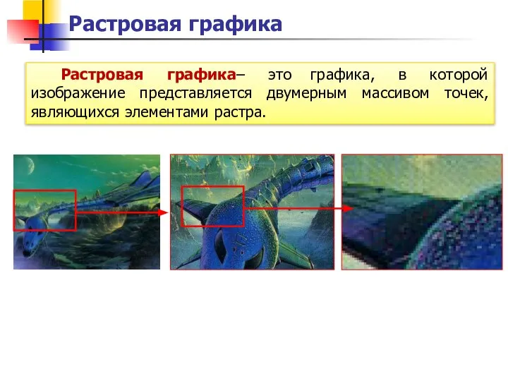 Растровая графика Растровая графика– это графика, в которой изображение представляется двумерным массивом точек, являющихся элементами растра.