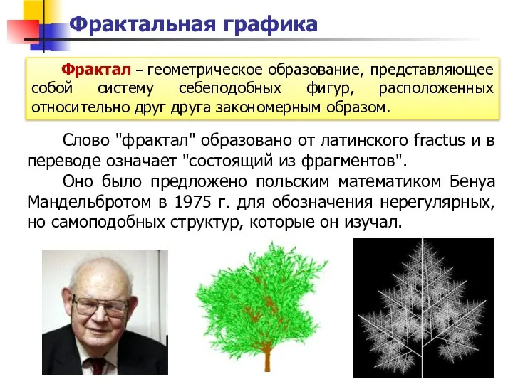 Фрактальная графика Фрактал – геометрическое образование, представляющее собой систему себеподобных фигур,