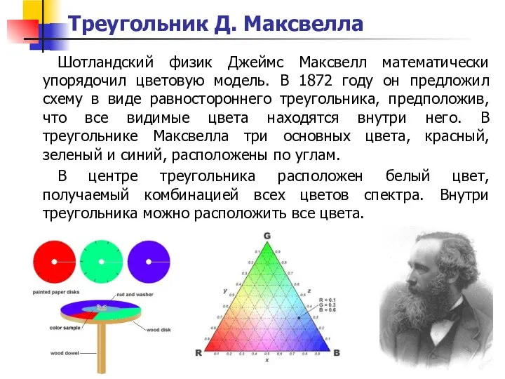 Треугольник Д. Максвелла Шотландский физик Джеймс Максвелл математически упорядочил цветовую модель.