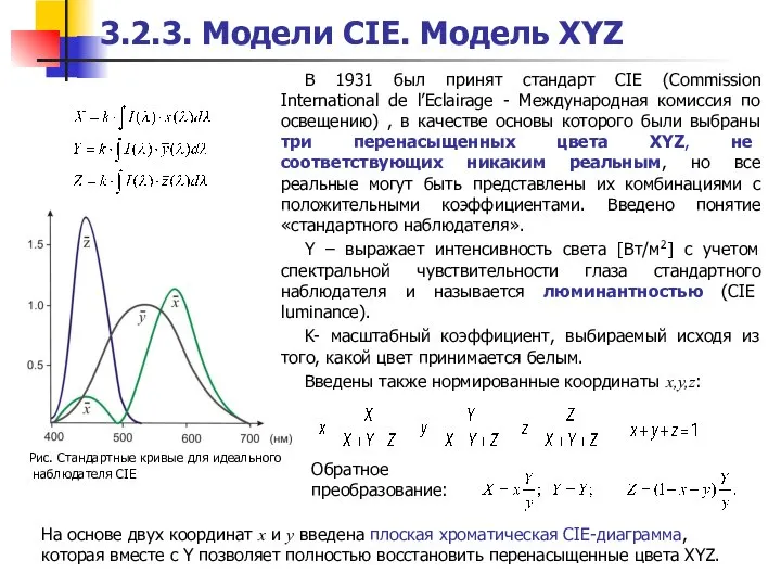 3.2.3. Модели CIE. Модель XYZ В 1931 был принят стандарт CIE