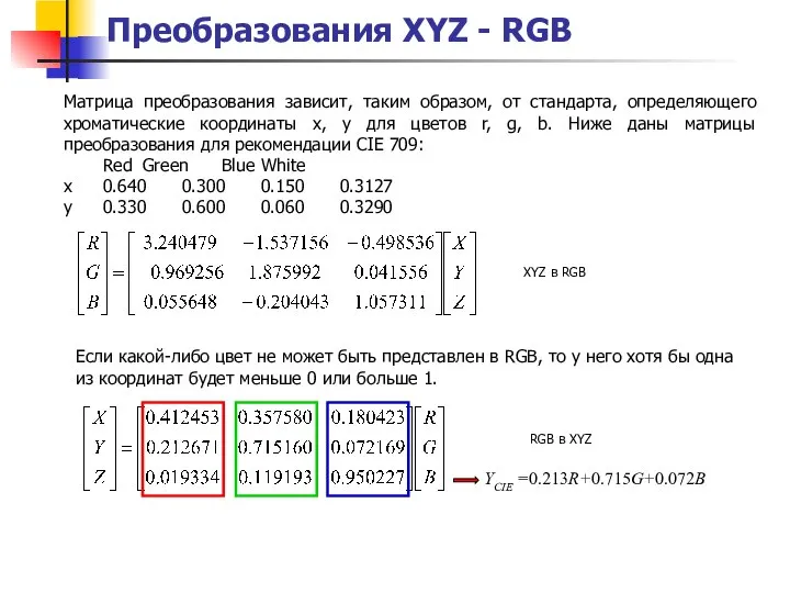 Преобразования XYZ - RGB Матрица преобразования зависит, таким образом, от стандарта,