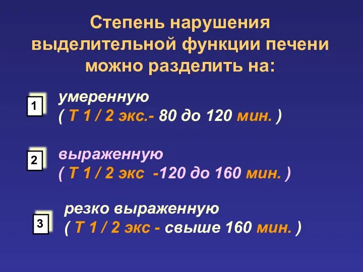 Степень нарушения выделительной функции печени можно разделить на: умеренную ( Т