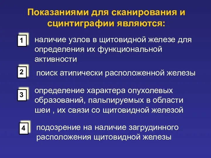 Показаниями для сканирования и сцинтиграфии являются: наличие узлов в щитовидной железе