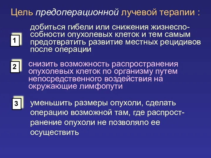 Цель предоперационной лучевой терапии : добиться гибели или снижения жизнеспо-собности опухолевых