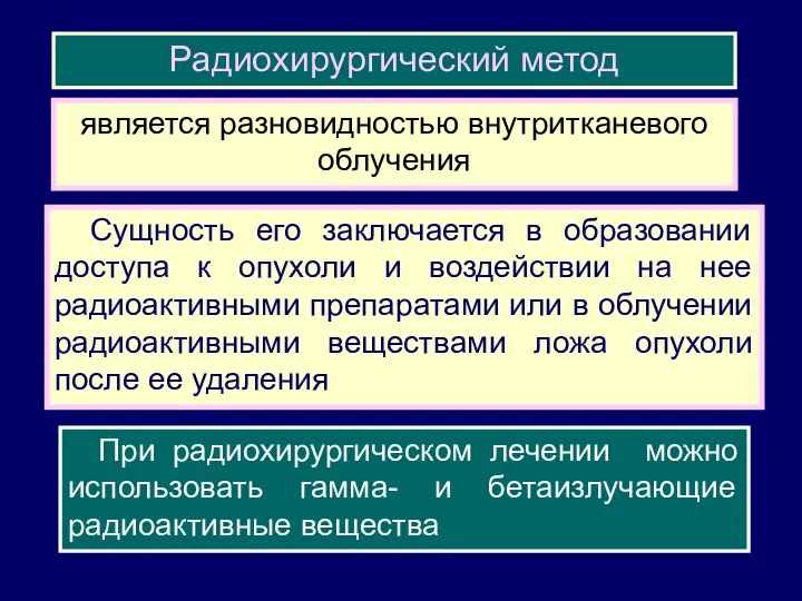 Радиохирургический метод является разновидностью внутритканевого облучения Сущность его заключается в образовании