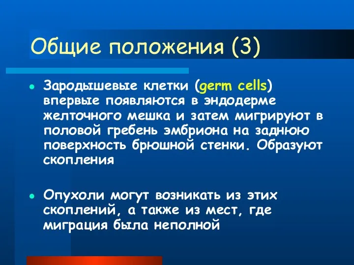 Общие положения (3) Зародышевые клетки (germ cells) впервые появляются в эндодерме