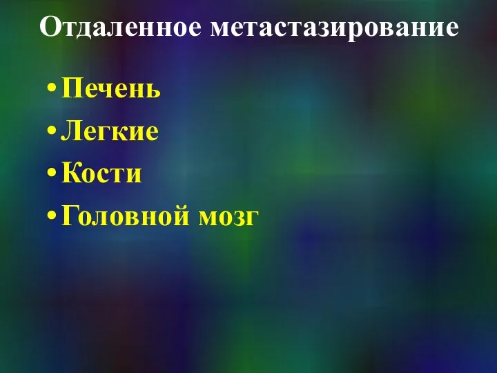 Отдаленное метастазирование Печень Легкие Кости Головной мозг