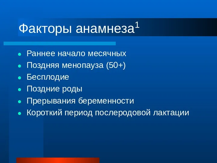 Факторы анамнеза1 Раннее начало месячных Поздняя менопауза (50+) Бесплодие Поздние роды