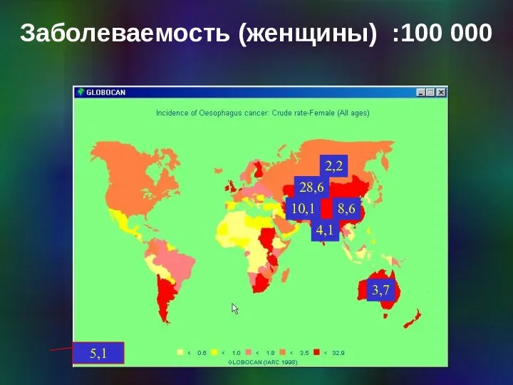 Заболеваемость (женщины) :100 000 2,2 8,6 28,6 3,7 10,1 4,1 5,1