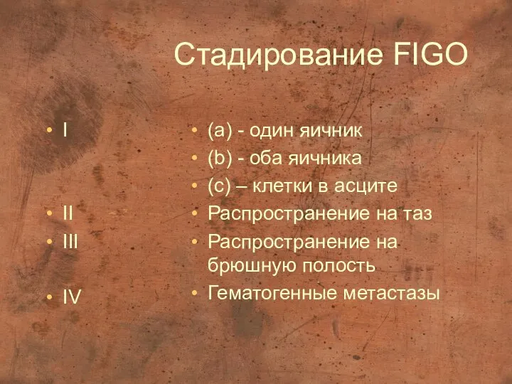 Стадирование FIGO I II III IV (a) - один яичник (b)