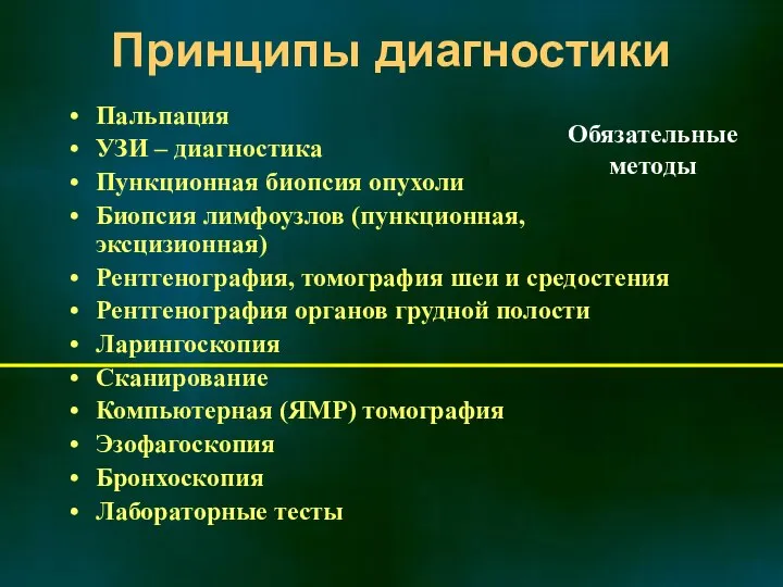 Принципы диагностики Пальпация УЗИ – диагностика Пункционная биопсия опухоли Биопсия лимфоузлов