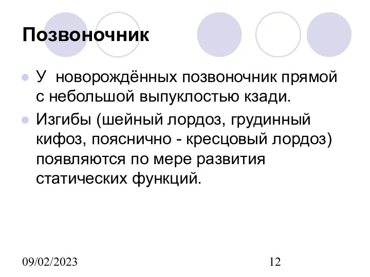 09/02/2023 Позвоночник У новорождённых позвоночник прямой с небольшой выпуклостью кзади. Изгибы