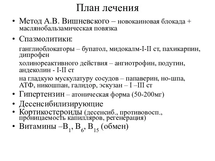 План лечения Метод А.В. Вишневского – новокаиновая блокада + маслянобальзамическая повязка