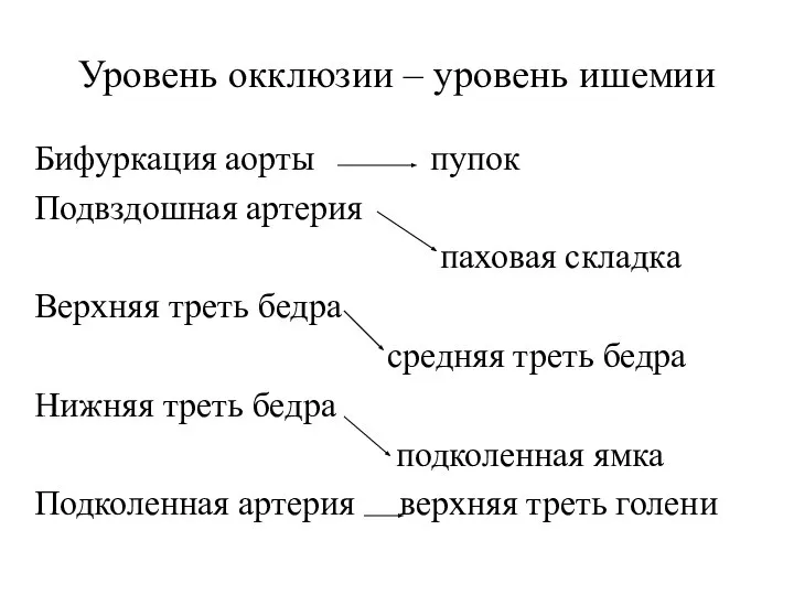 Уровень окклюзии – уровень ишемии Бифуркация аорты пупок Подвздошная артерия паховая