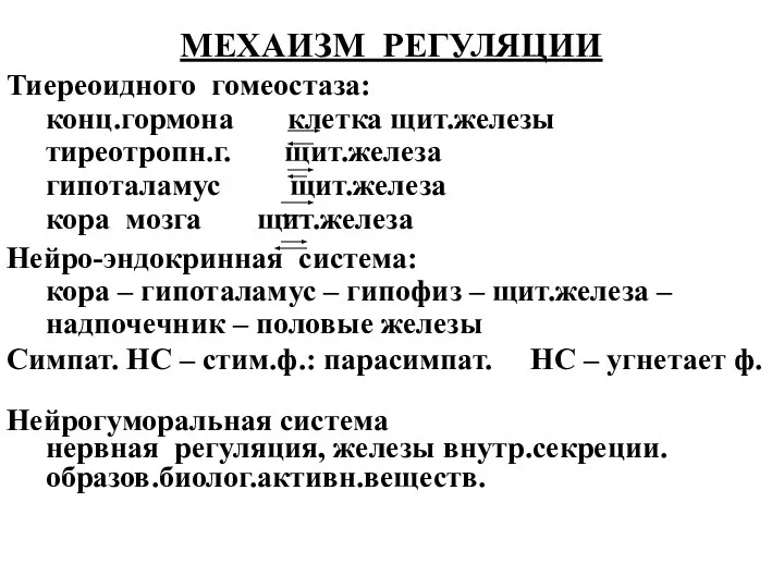 МЕХАИЗМ РЕГУЛЯЦИИ Тиереоидного гомеостаза: конц.гормона клетка щит.железы тиреотропн.г. щит.железа гипоталамус щит.железа