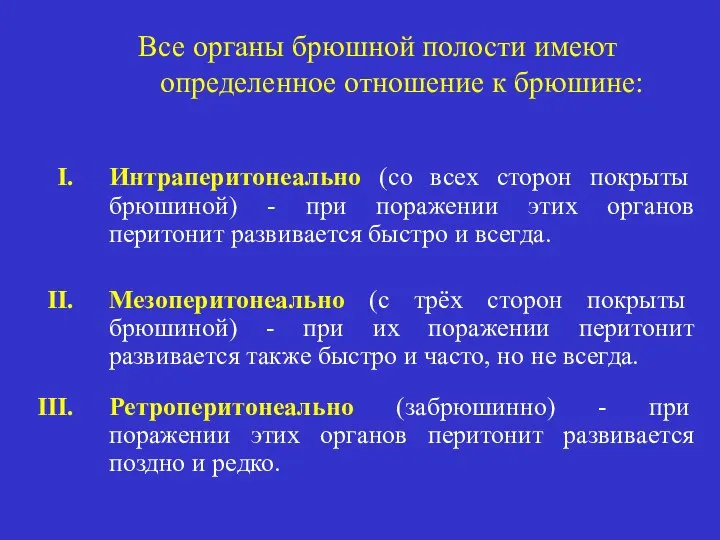 Все органы брюшной полости имеют определенное отношение к брюшине: Интраперитонеально (со