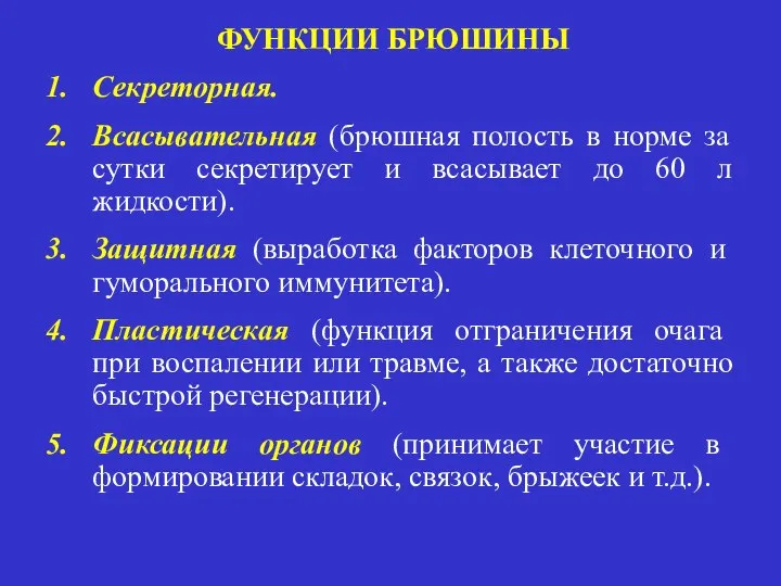 ФУНКЦИИ БРЮШИНЫ Секреторная. Всасывательная (брюшная полость в норме за сутки секретирует