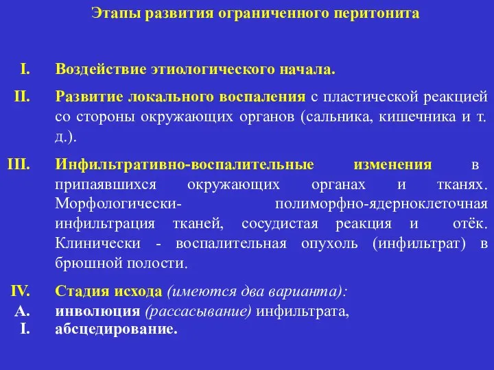 Этапы развития ограниченного перитонита Воздействие этиологического начала. Развитие локального воспаления с