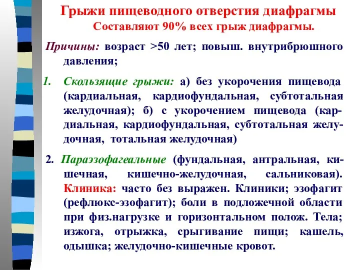 Грыжи пищеводного отверстия диафрагмы Составляют 90% всех грыж диафрагмы. Причины: возраст