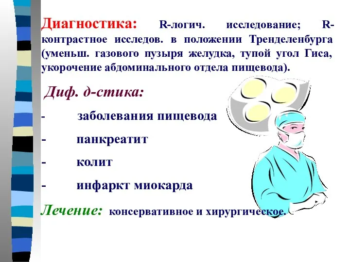 Диагностика: R-логич. исследование; R-контрастное исследов. в положении Тренделенбурга (уменьш. газового пузыря