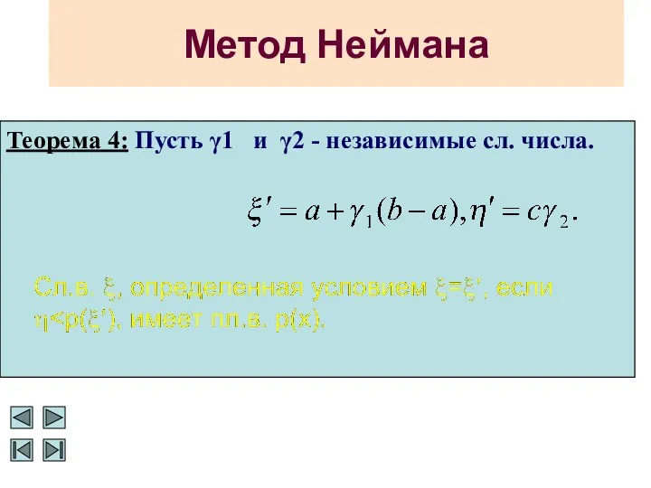Метод Неймана Теорема 4: Пусть γ1 и γ2 - независимые сл. числа.