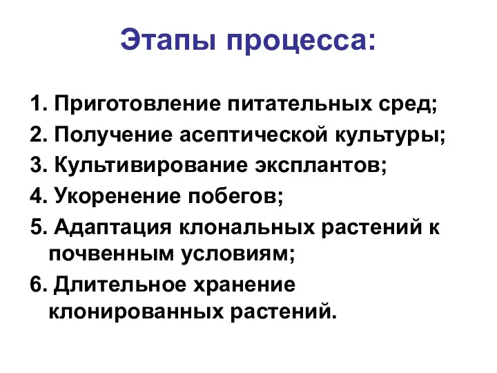 Этапы процесса: 1. Приготовление питательных сред; 2. Получение асептической культуры; 3.