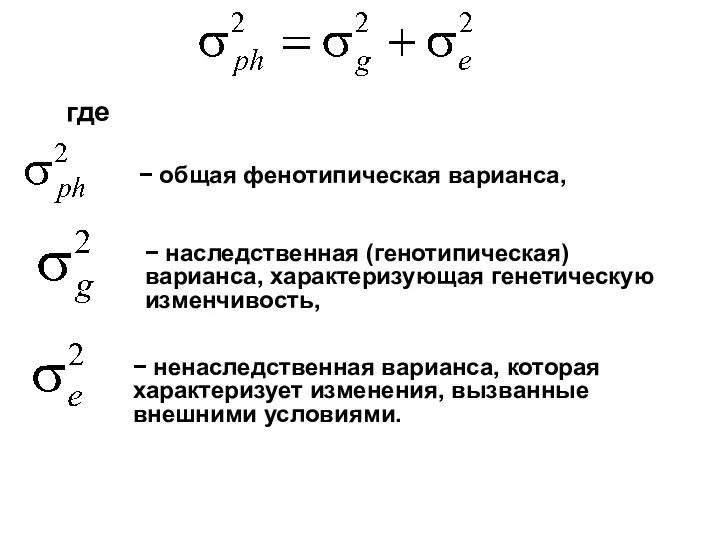 где − общая фенотипическая варианса, − наследственная (генотипическая) варианса, характеризующая генетическую