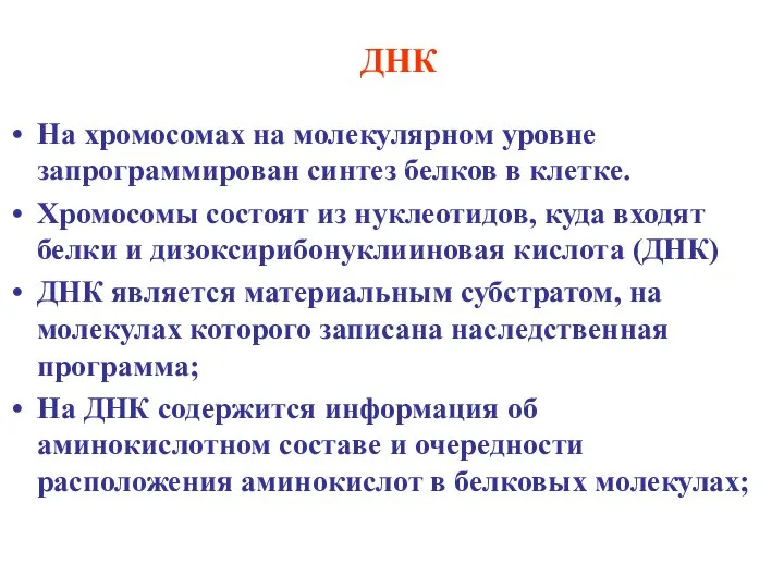 ДНК На хромосомах на молекулярном уровне запрограммирован синтез белков в клетке.