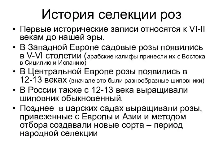 История селекции роз Первые исторические записи относятся к VI-II векам до