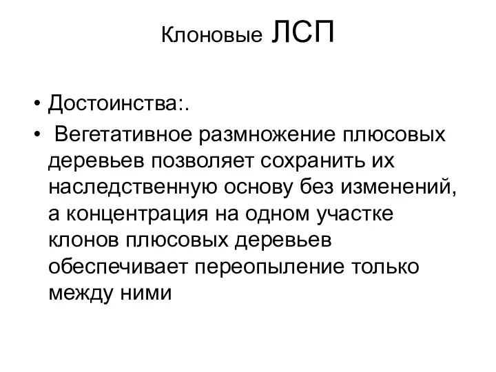 Клоновые ЛСП Достоинства:. Вегетативное размножение плюсовых деревьев позволяет сохранить их наследственную