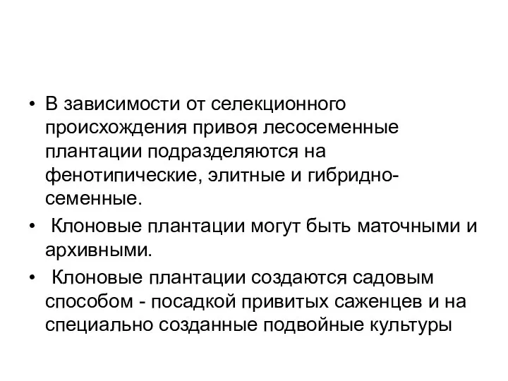 В зависимости от селекционного происхождения привоя лесосеменные плантации подразделяются на фенотипические,