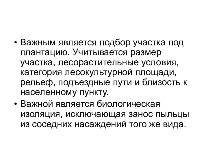 Важным является подбор участка под плантацию. Учитывается размер участка, лесорастительные условия,