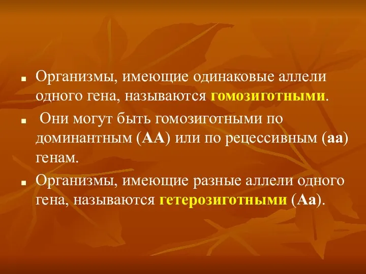 Организмы, имеющие одинаковые аллели одного гена, называются гомозиготными. Они могут быть