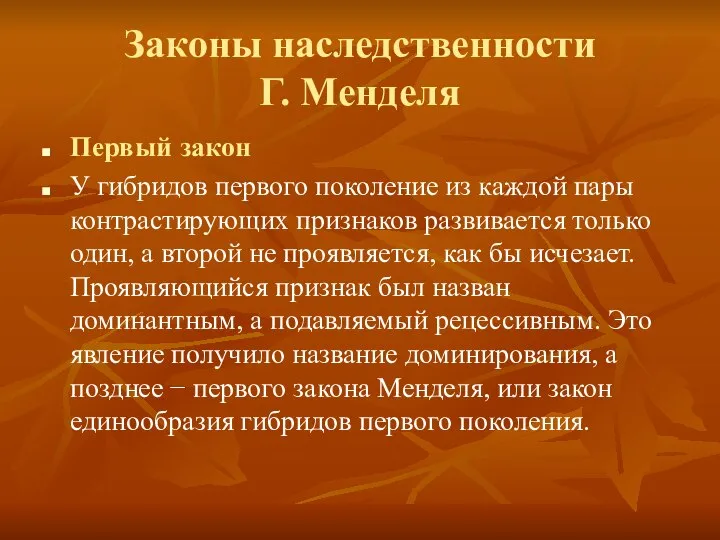 Законы наследственности Г. Менделя Первый закон У гибридов первого поколение из