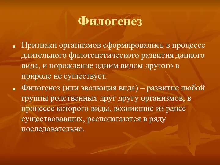 Филогенез Признаки организмов сформировались в процессе длительного филогенетического развития данного вида,