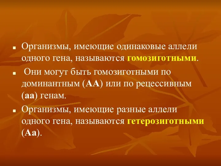 Организмы, имеющие одинаковые аллели одного гена, называются гомозиготными. Они могут быть