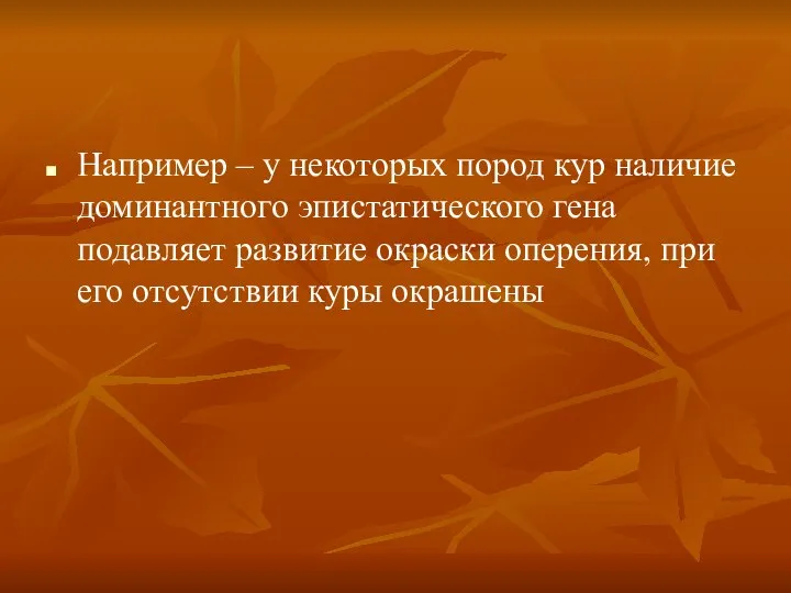 Например – у некоторых пород кур наличие доминантного эпистатического гена подавляет