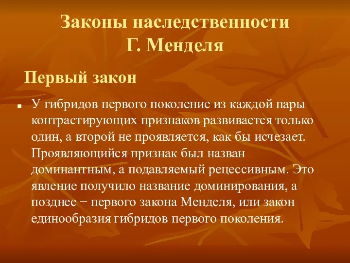 Законы наследственности Г. Менделя У гибридов первого поколение из каждой пары