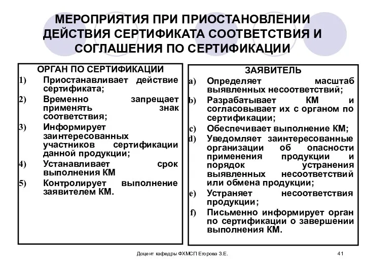 Доцент кафедры ФХМСП Егорова З.Е. МЕРОПРИЯТИЯ ПРИ ПРИОСТАНОВЛЕНИИ ДЕЙСТВИЯ СЕРТИФИКАТА СООТВЕТСТВИЯ