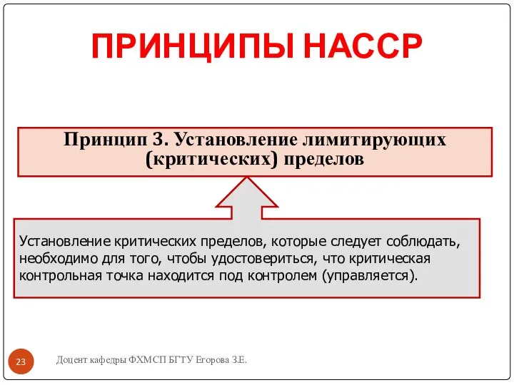 Доцент кафедры ФХМСП БГТУ Егорова З.Е. ПРИНЦИПЫ НАССР Принцип 3. Установление