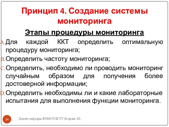 Доцент кафедры ФХМСП БГТУ Егорова З.Е. Принцип 4. Создание системы мониторинга