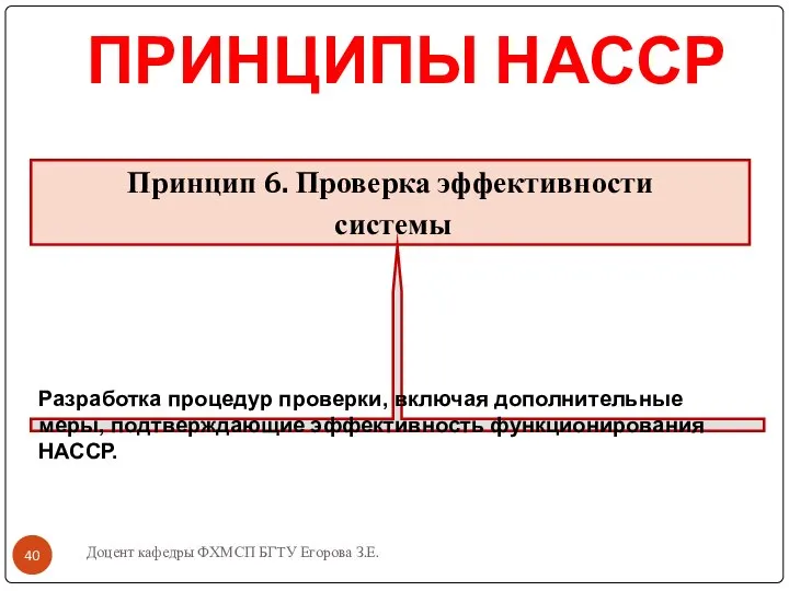 ПРИНЦИПЫ НАССР Доцент кафедры ФХМСП БГТУ Егорова З.Е. Принцип 6. Проверка