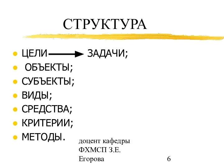 доцент кафедры ФХМСП З.Е. Егорова СТРУКТУРА ЦЕЛИ ЗАДАЧИ; ОБЪЕКТЫ; СУБЪЕКТЫ; ВИДЫ; СРЕДСТВА; КРИТЕРИИ; МЕТОДЫ.