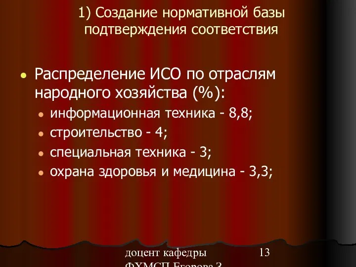 доцент кафедры ФХМСП Егорова З.Е. 1) Создание нормативной базы подтверждения соответствия