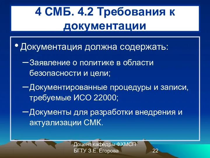 Доцент кафедры ФХМСП БГТУ З.Е. Егорова 4 СМБ. 4.2 Требования к