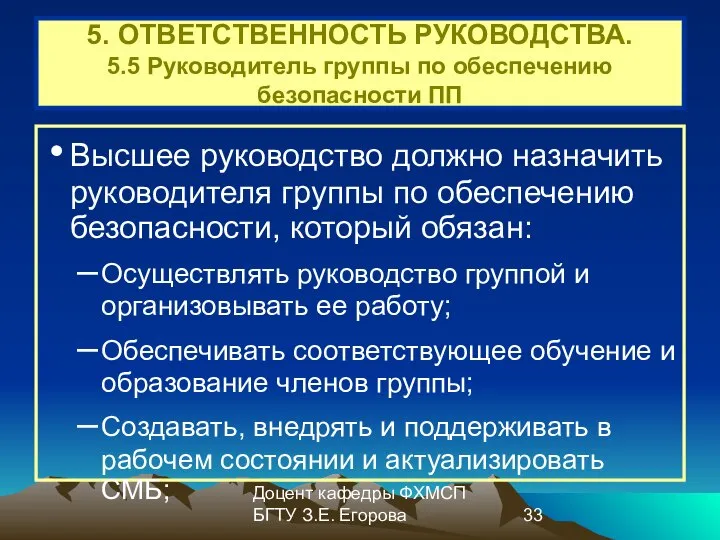 Доцент кафедры ФХМСП БГТУ З.Е. Егорова 5. ОТВЕТСТВЕННОСТЬ РУКОВОДСТВА. 5.5 Руководитель