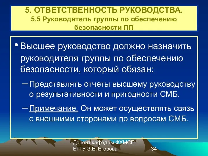 Доцент кафедры ФХМСП БГТУ З.Е. Егорова 5. ОТВЕТСТВЕННОСТЬ РУКОВОДСТВА. 5.5 Руководитель