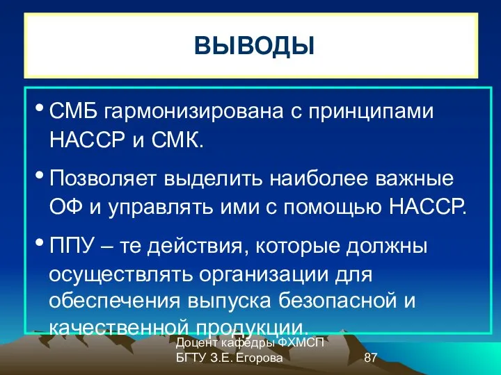 Доцент кафедры ФХМСП БГТУ З.Е. Егорова ВЫВОДЫ СМБ гармонизирована с принципами